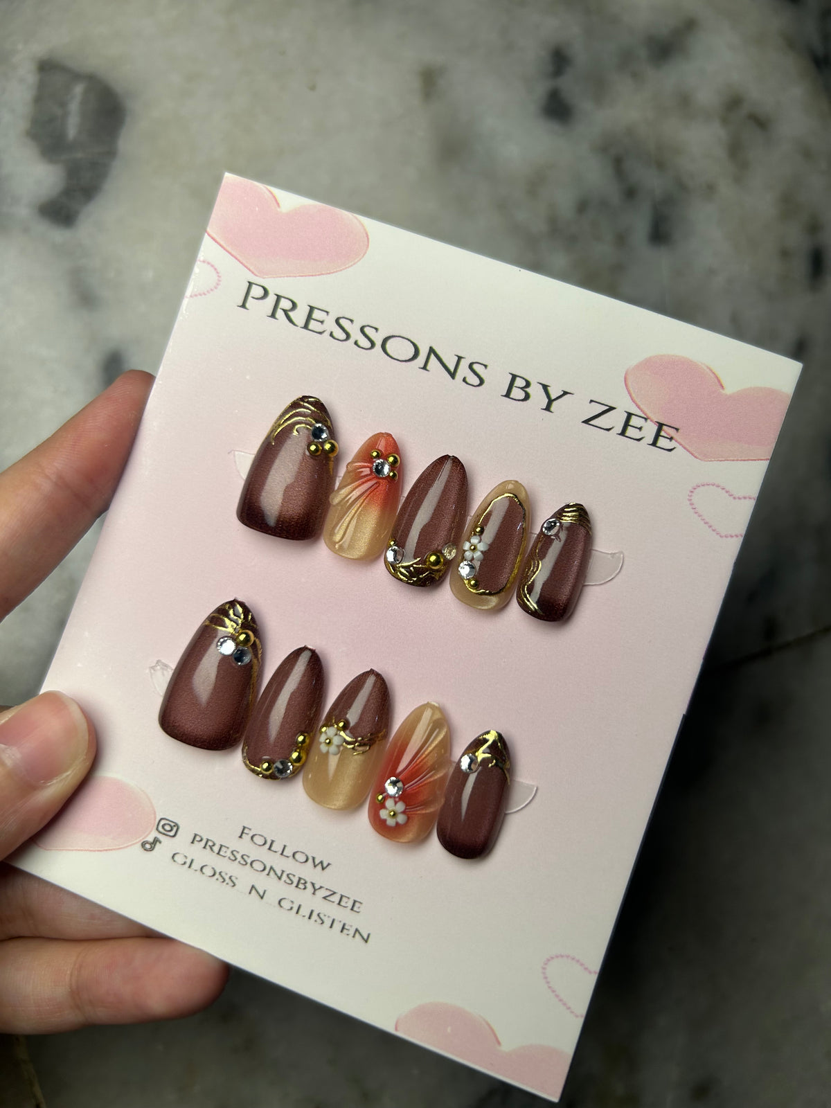Mocha prestige cateye pressons (handmade)