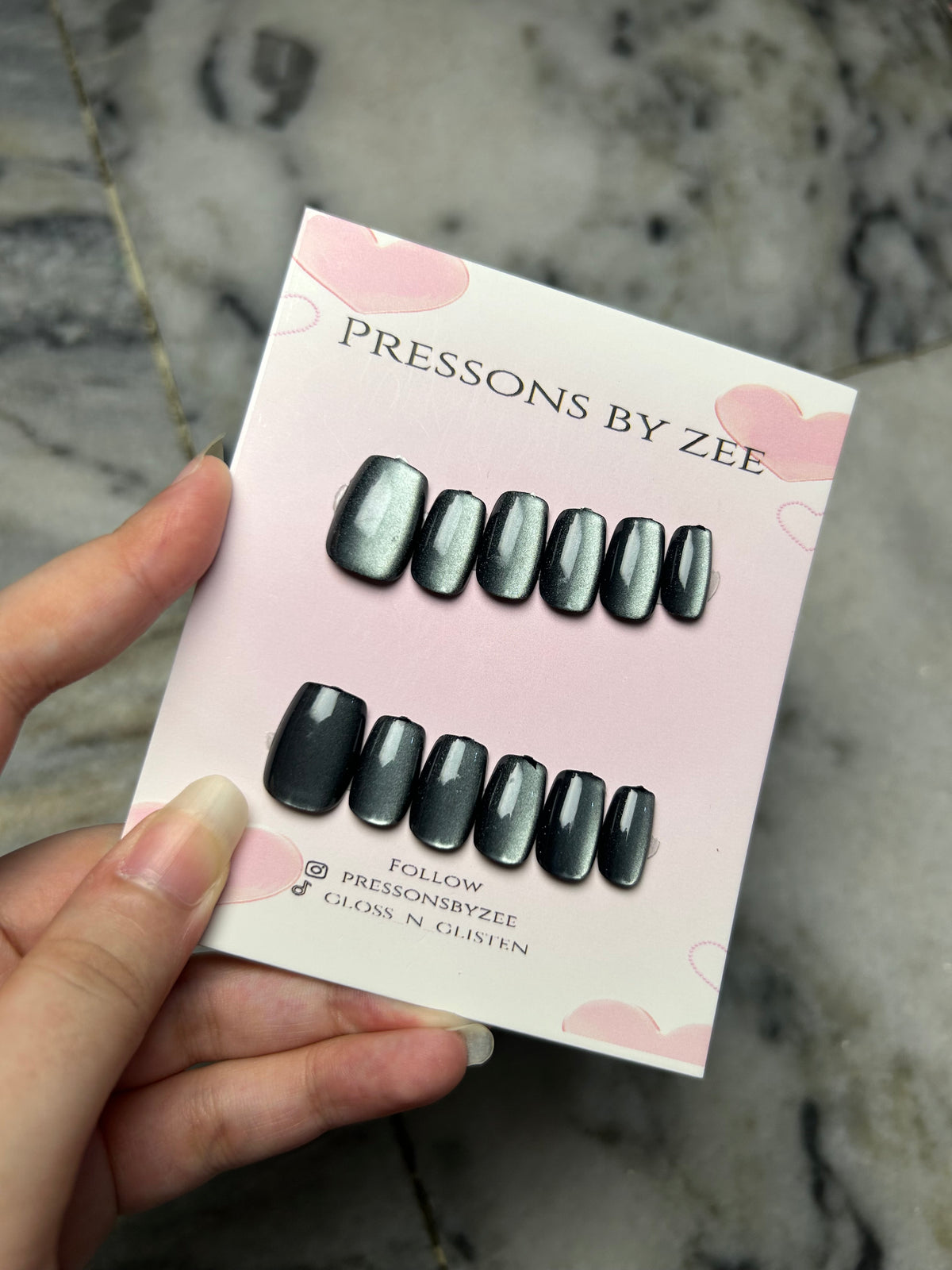 Charcoal silver velvet cateye pressons