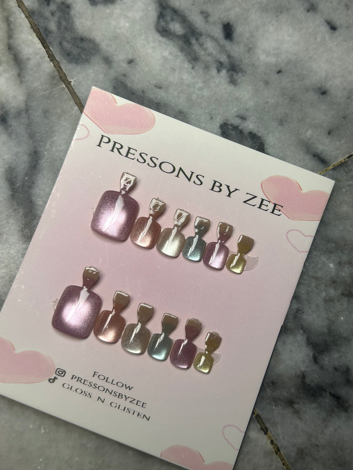 Glazed shimmer cateye toe pressons