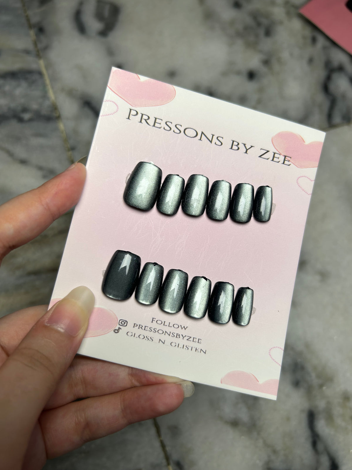 Charcoal silver velvet cateye pressons