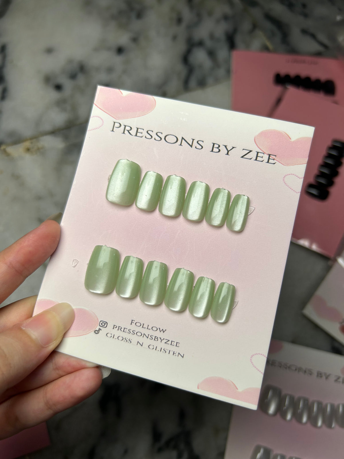 Sage green velvet cateye pressons