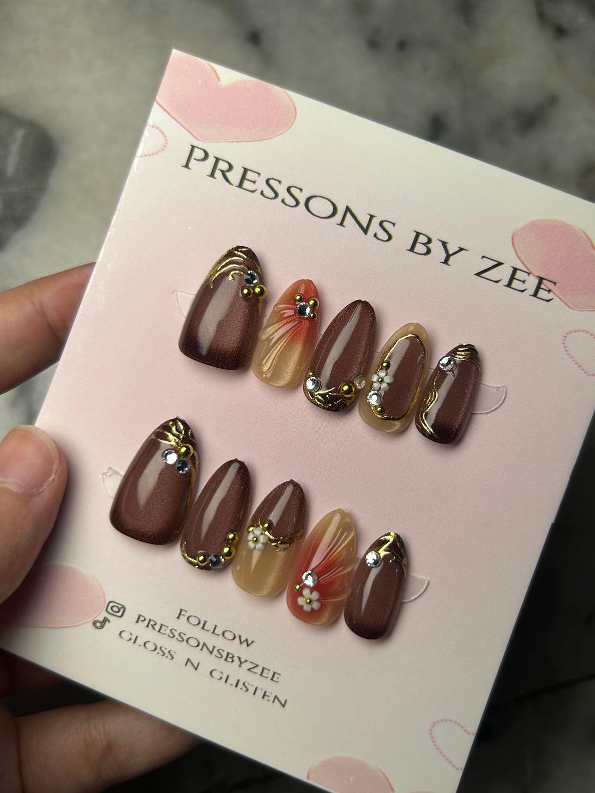 Mocha prestige cateye pressons (handmade)