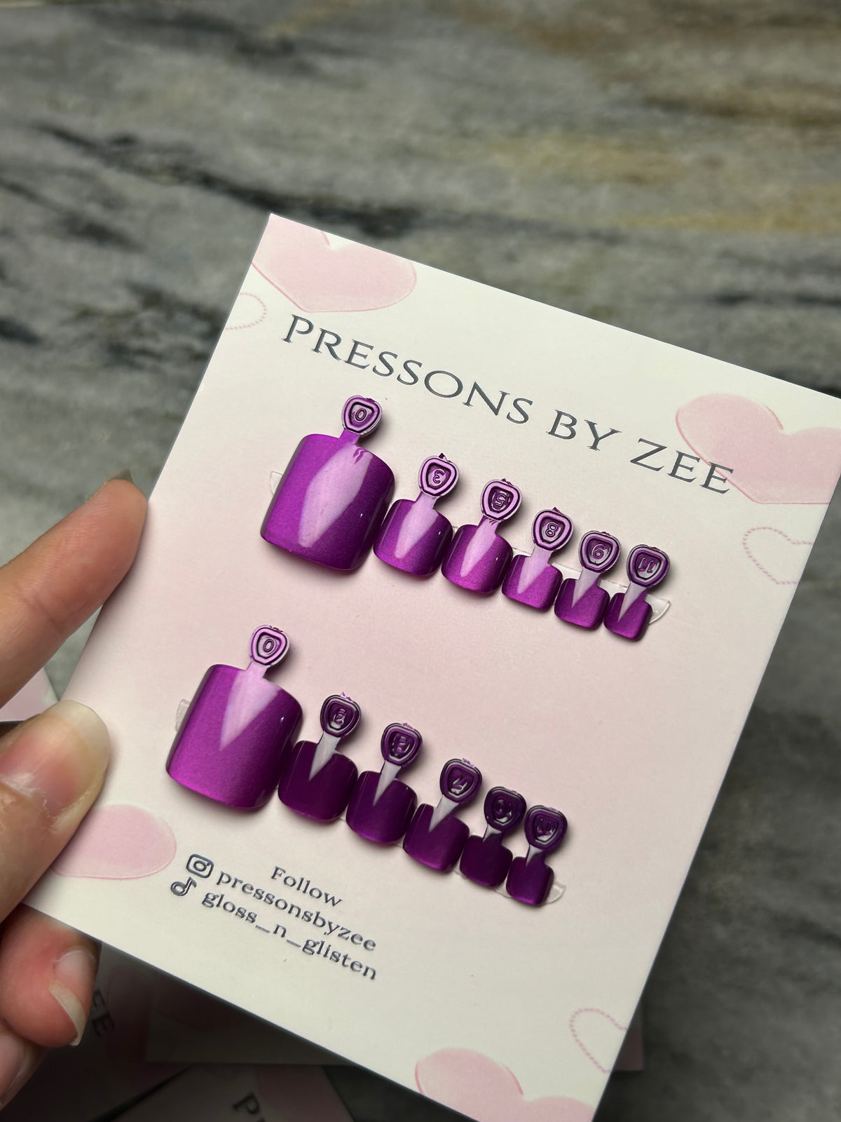 Purple cateye toe pressons