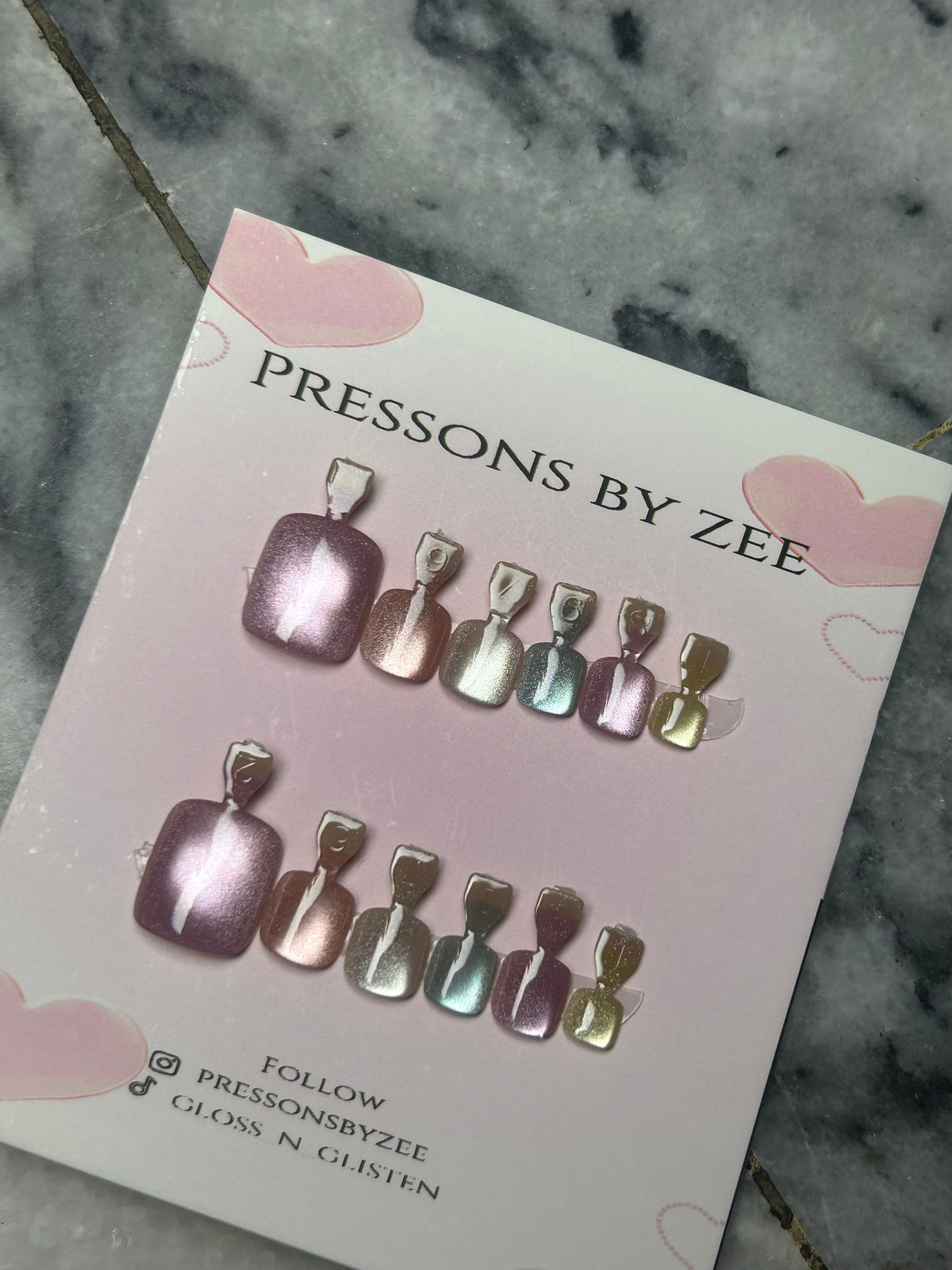Glazed shimmer cateye toe pressons