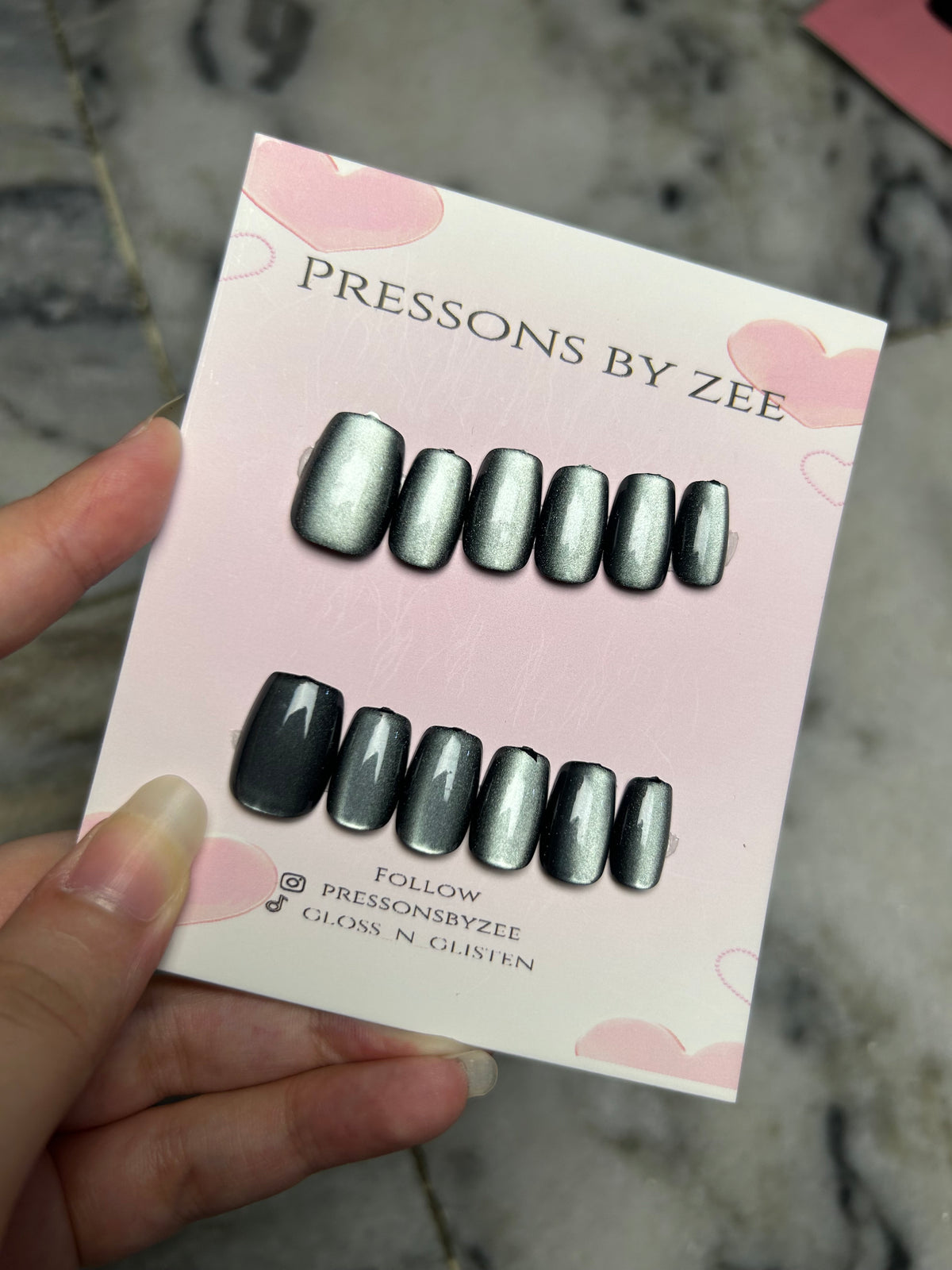 Charcoal silver velvet cateye pressons