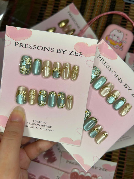 Gelx floral chrome semi handmade nail sets🎀